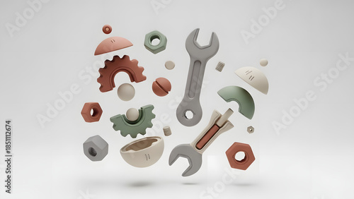 A carefully curated collection of various tools floating mid-air, an innovative visual composition. The image showcases tools of different shapes.