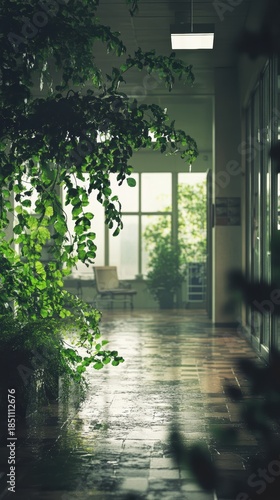 Lush Green Indoor Garden with Wet Floor and Natural Light