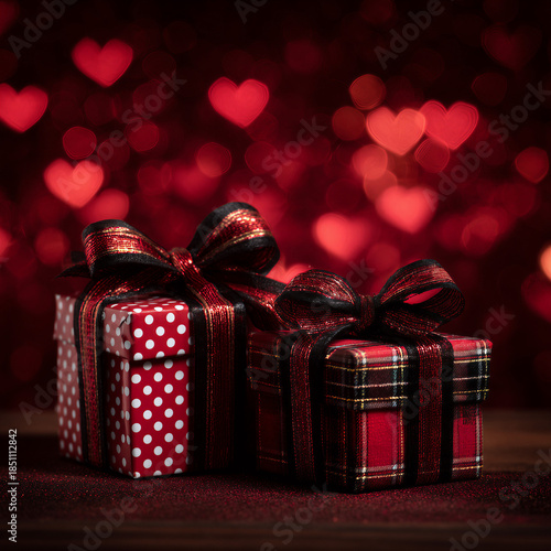 Stack of red gift boxes with bows against a heart-patterned background, creating a festive and romantic atmosphere.

