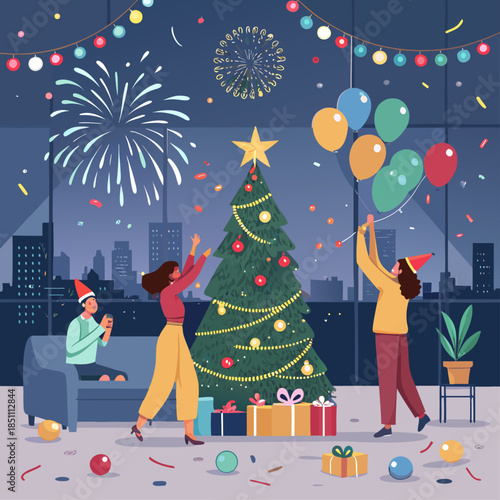 Festive gathering celebration: A group of individuals is immersed in a vibrant holiday celebration. The image radiates an atmosphere of festivity and joy.