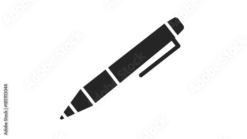 A simple black silhouette of a ballpoint pen on a white background.