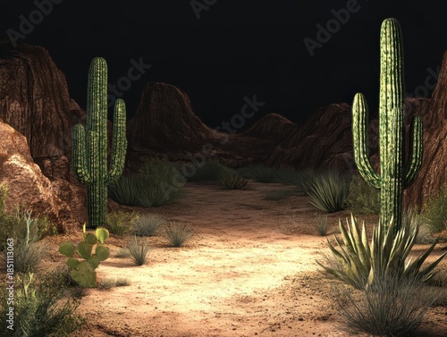 Desert Landscape with Saguaro Cacti and Rocky Terrain at Night