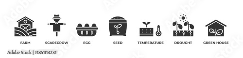 Smart Farming Icons set vector illustration glyph with Farm, Scarecrow, Egg, Seed, Temperature, Drought, Green house