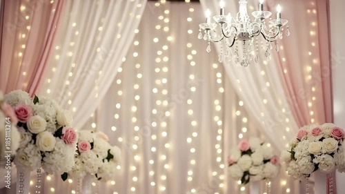 Elegant wedding decorations with flowers and lights in a festive event space with a chandelier