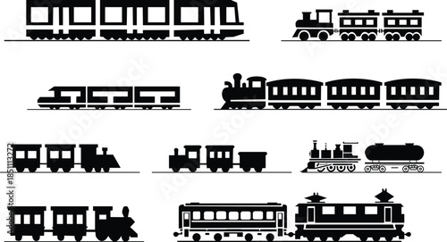Black train icon set in flat style railway locomotive and freight transport silhouette collection featuring passenger and cargo rail graphic group, minimal monochrome vector illustration pack