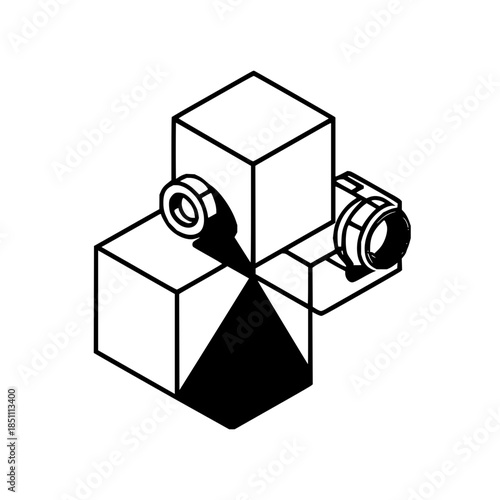 Isometric view of three stacked cubes with cylindrical attachments and a triangular shadow below them