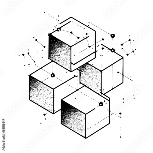 Isometric arrangement of four cubes with stippling and connecting lines in black and white style