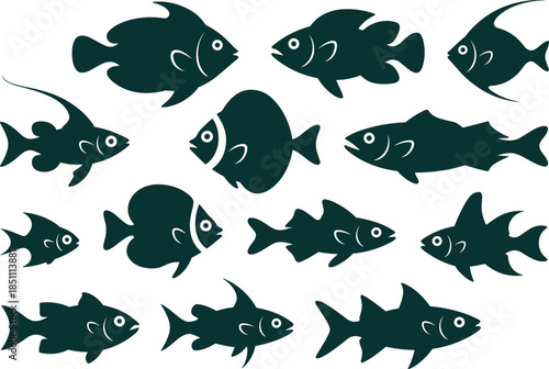 Fish silhouette icon set with various sea and freshwater species, black minimal vector illustration for marine and aquatic design