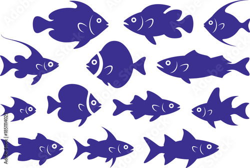 Fish silhouette icon set with various sea and freshwater species, black minimal vector illustration for marine and aquatic design