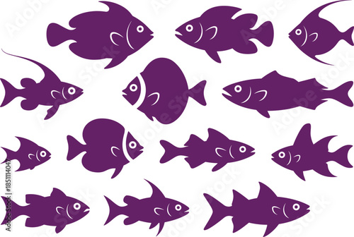Fish silhouette icon set with various sea and freshwater species, black minimal vector illustration for marine and aquatic design