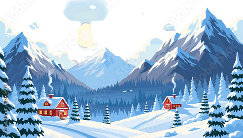 ​Scenic mountain landscape with a cozy winter village.
​Watercolor painting of a snowy valley and cabins.
​Serene winter mountain view with houses and smoke.