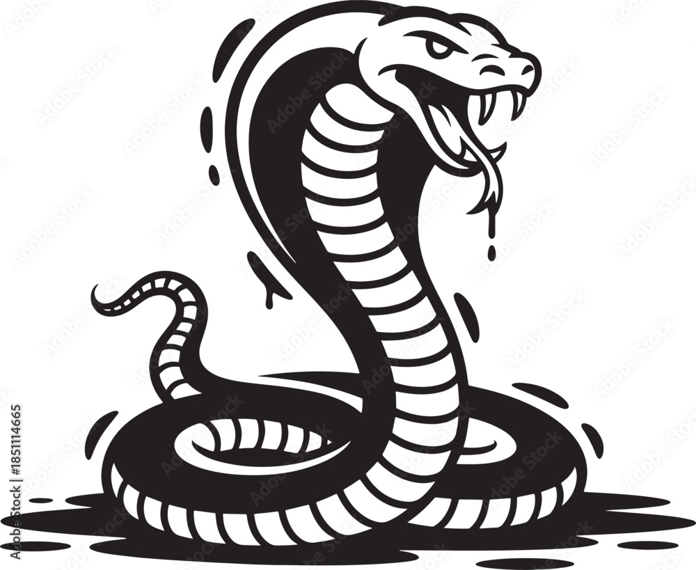Fototapeta premium Bold Cobra Snake Illustration | Black Ink Line Art Hooded Serpent, Tattoo Style Monochrome Reptile Design