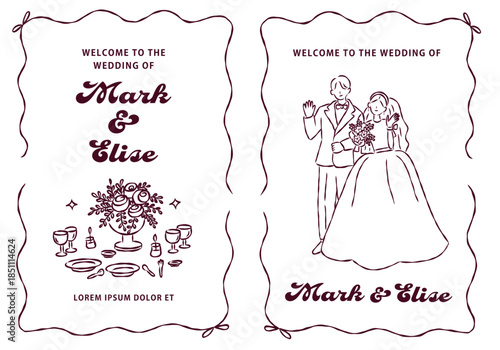 Elegant Line Art Wedding Invitation Set with Couple Illustration Decorative Frame and Floral Table