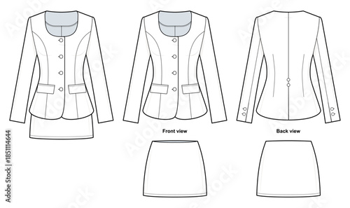 Tailored Blazer and Mini Skirt Set Technical Fashion Illustration. Fitted Button-Front Jacket with Scoop Neckline and Flap Pockets. Matching Mini Skirt. Structured Silhouette. Women’s Wear. CAD Mockup