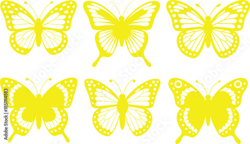 Golden butterfly silhouette set with decorative wings, elegant nature insect icons, minimalist vector illustration for design and decoration