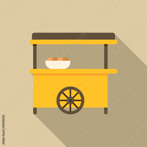 Yellow food cart with a bowl of prepared snacks, isolated with a long shadow