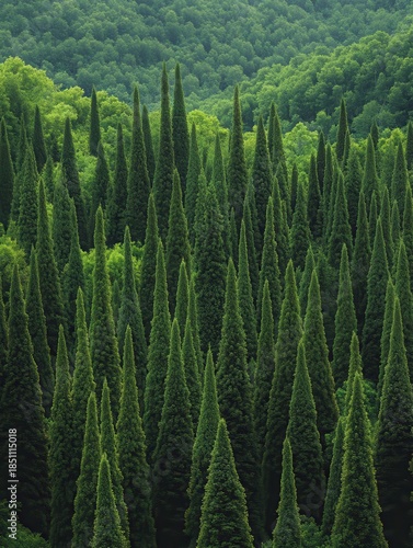 Lush Green Coniferous Forest with Towering Evergreen Trees