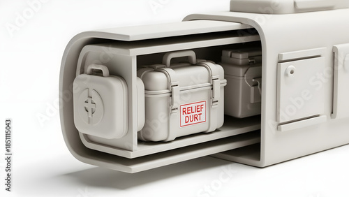 A detailed view of a sturdy storage unit containing relief items for disaster situations, a clear portrayal of preparation and assistance.