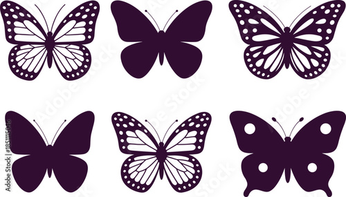 Golden butterfly silhouette set with decorative wings, elegant nature insect icons, minimalist vector illustration for design and decoration