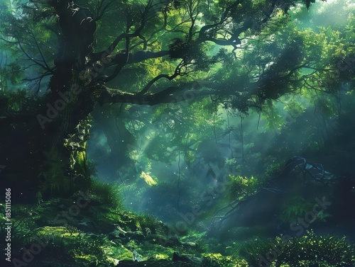 Enchanted Forest Scene with Sunlight and Lush Greenery in Nature