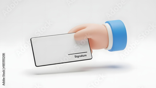 A stylized hand presents a digital signature document, representing a modern agreement or transaction in a minimalist aesthetic.