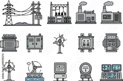 Electricity Generation and Distribution Icons Power Grid Components