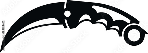Curved tactical karambit knife silhouette with a finger ring on a white background