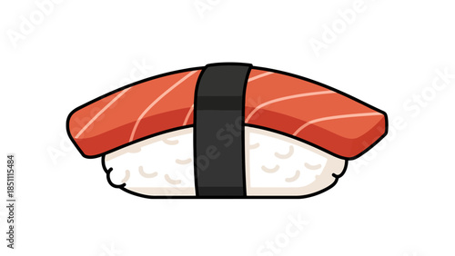 Close up of a sushi piece with fresh salmon and vinegared rice on a white background