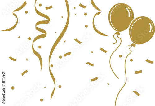 Golden Celebration Background with Confetti, Streamers, and Balloon Icon - Festive Party Decor Vector