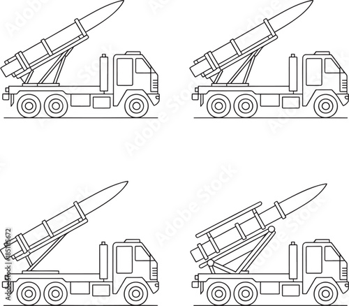 Set of Missile launcher truck Outline vector illustration isolated On Transparent Background