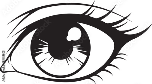 Stylized illustration of a human eye with detailed eyelashes and iris, rendered in a minimalist black and white graphic style