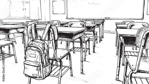An empty, quiet classroom rendered in a detailed manga art style, evoking feelings of academic solitude and the reflective atmosphere of an unpopulated school day before or after students arrive