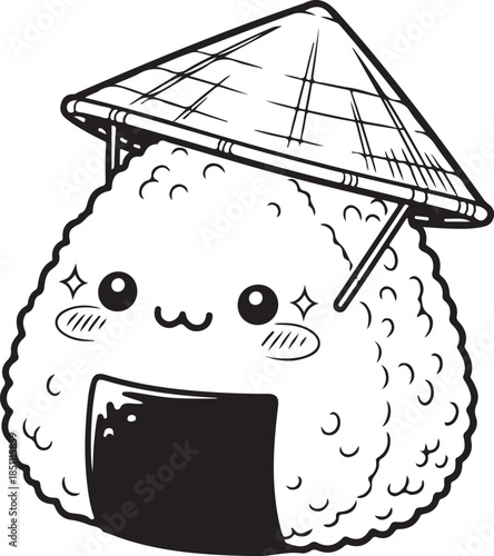 Cute Anime Style Onigiri Rice Ball Character with Traditional Straw Hat - Kawaii Japanese Food Illustration