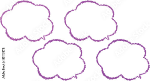 紫の少しずつ色が異なる吹き出しセット。雲の形のクレヨンで描かれたふきたし。かわいい手描き風。