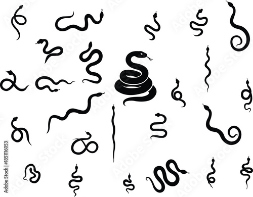 Black snake icon set in flat style, serpent silhouette and outline collection featuring coiled, crawling and abstract snake shapes, minimal monochrome vector graphic group