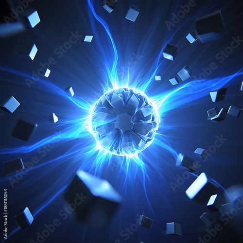 Shattered crystal orb exploding with radiant purple energy and iridescent pieces,High Quality Image.
