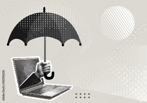 Trendy Halftone Collage Protection, Save data or computer information concept, hand holds an umbrella over a laptop protecting it from the threat of rain. Contemporary vector illustration art	