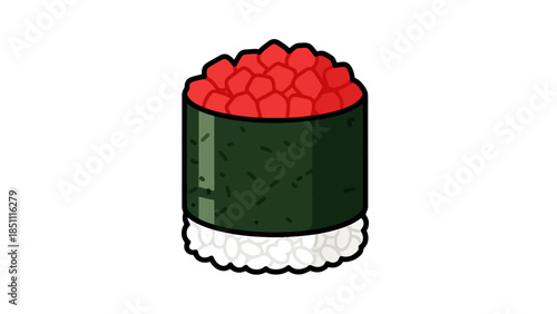Close up of a sushi roll with fresh ingredients on a white background
