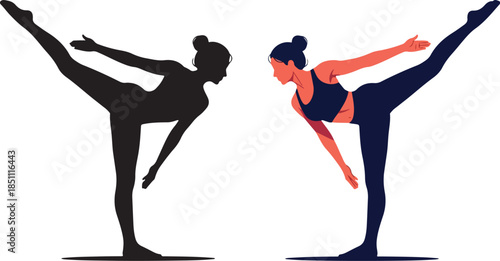 Woman in dynamic yoga pose with one leg raised high in air