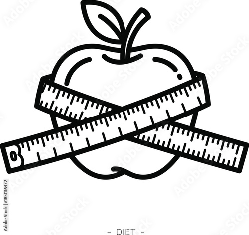 A symbolic illustration of an apple wrapped with a measuring tape for diet