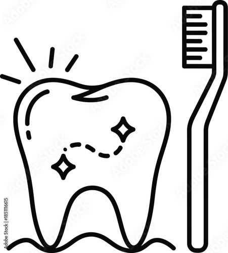 A shining tooth next to a toothbrush symbolizing excellent oral hygiene and dental care