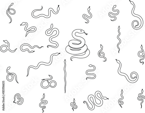 Black snake icon set in line style, serpent silhouette and outline collection featuring coiled, crawling and abstract snake shapes, minimal monochrome vector graphic group