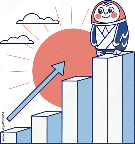 Happy penguin in business attire standing on tallest bar graph with rising arrow