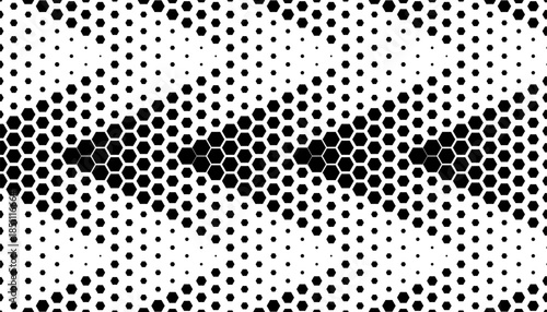Black and white smooth transition of arrows shape with halftone effect for sporty background and jersey design. Hexagon shape editable graphic resource. Vector Format Illustration 