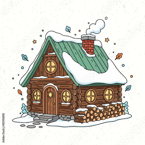 Small farmer’s cabin with stacked firewood covered in snow isolated. Architecture building vector illustration. Suitable for poster and web design

