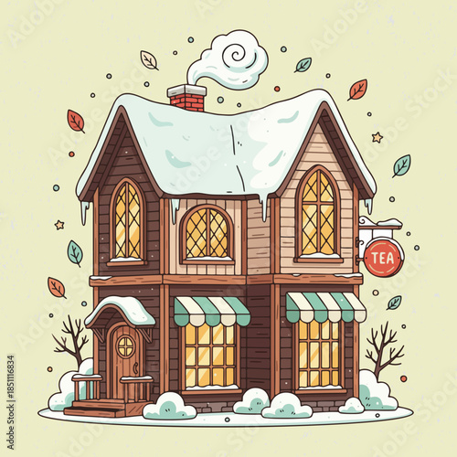Traditional village house with a snow-covered thatched roof isolated. Architecture building vector illustration. Suitable for poster and web design
