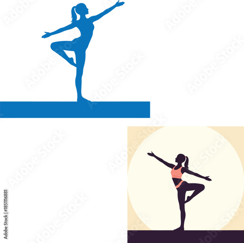 Woman in yoga pose, standing on one leg with arms outstretched in balance