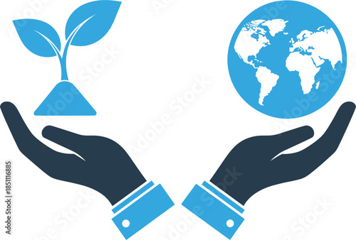 Vector illustration of hands holding a small sprout and the earth globe for global sustainability, environmental protection, and world ecology conservation business concepts.