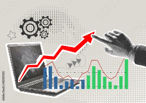 Data analytics concept. Halftone hand draws sales graph. Modern collage design. Pop art. Growth chart. Successful business performance. Business data graph on screen laptop. Achieving high results	