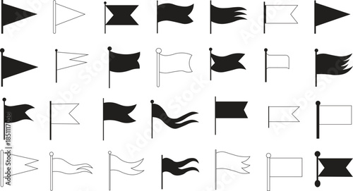 Flag Icons Vector Set. Black and White Pennant, Banner and Waving Flag Collection